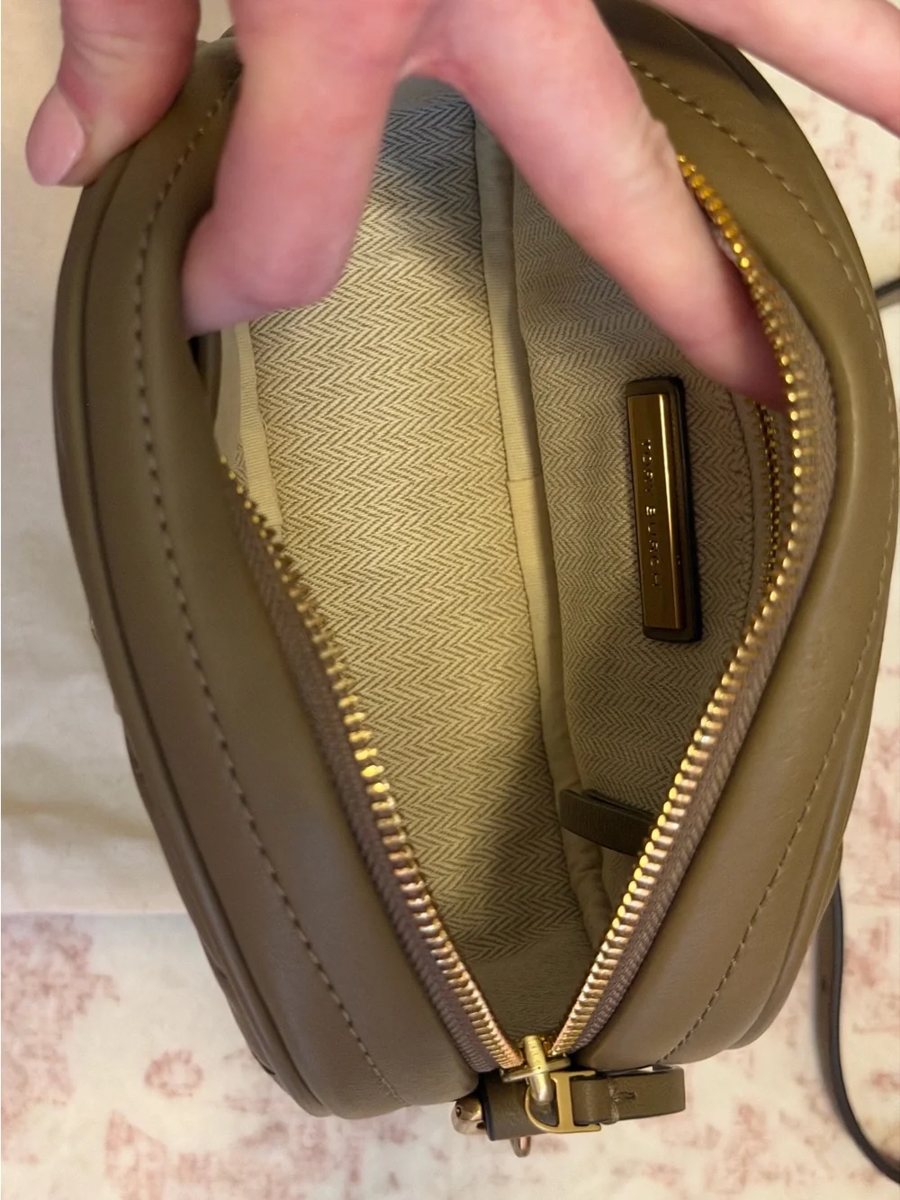Tory Burch Kira Chevron Small Camera Bag in the color “Sandpiper”